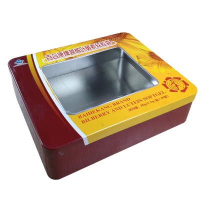 Yellow Color PMS And CMYK Printing Metal Case Rectangle Boxes With Window Transparent Tin Can Lids